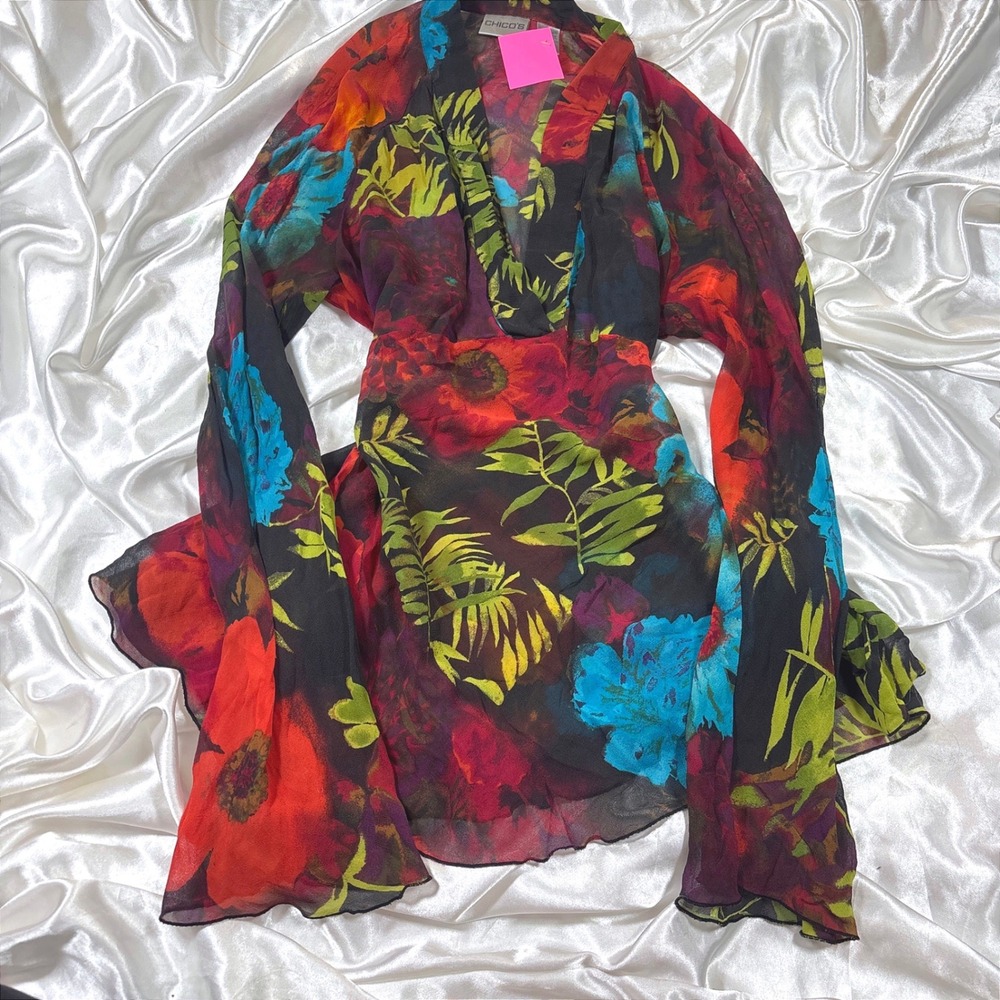 Vintage Chico's Silk Blouse Floral Multicolor Excellent Bell Sleeve V-Neck Top